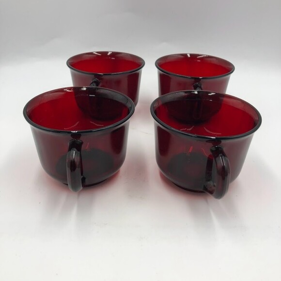 Vintage Ruby Red Glass Set of 4 Mugs Arcoroc France Collectible Glassware - Picture 7 of 12